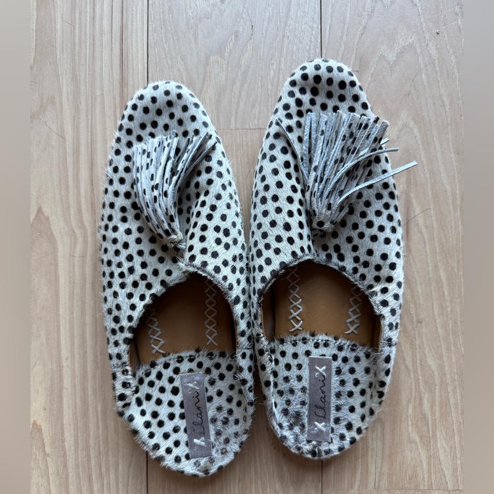 Black and White Polka Dot Mules with Tassels
